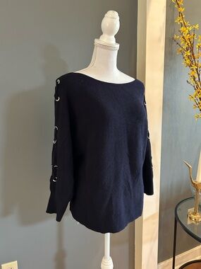 Carmen Marc Valvo Navy  Boatneck Sweater with Eyelet Sleeve Detail